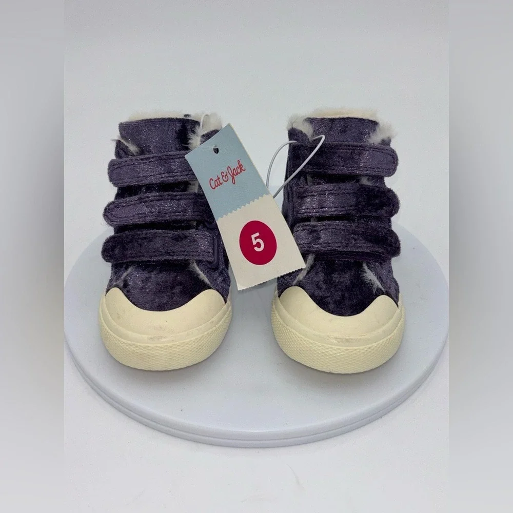 CAT & JACK Toddler Girls Velvet High Top Sneaker‎ Shoe Purple Ruby Fur Velcro 5